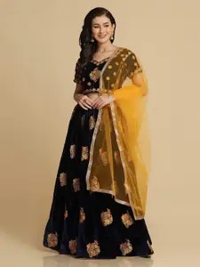 Warthy Ent Blue & Gold-Toned Embroidered Thread Work Semi-Stitched Lehenga & Unstitched Blouse With Dupatta