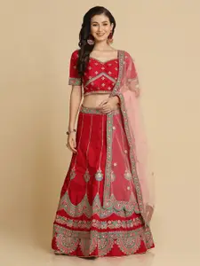 Warthy Ent Maroon & Blue Embroidered Thread Work Semi-Stitched Lehenga & Unstitched Blouse With Dupatta