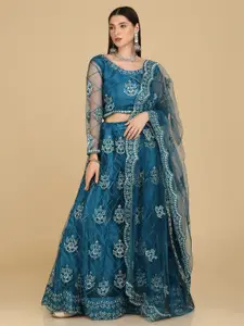 Warthy Ent Turquoise Blue & Embroidered Thread Work Semi-Stitched Lehenga & Unstitched Blouse With Dupatta