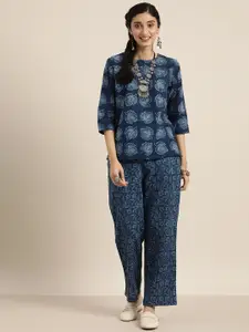 Taavi Women Indigo Hand Block Floral Printed Pure Cotton Top with Trousers