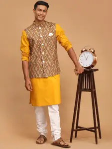 VASTRAMAY Men Solid Straight Kurta with Churidar & With Printed Nehru Jacket
