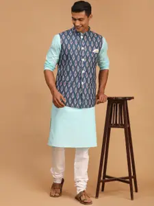 VASTRAMAY Men Solid Straight Kurta with Churidar & With Printed Nehru Jacket