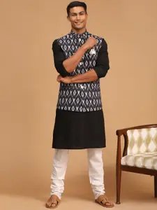 VASTRAMAY Men Kurta With Churidar and Ikat Printed Nehru Jacket