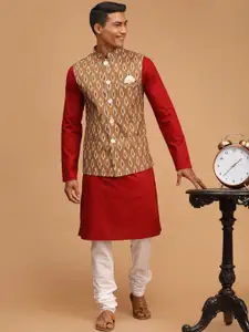 VASTRAMAY Men Maroon Regular Kurta with Churidar & Ikat Printed Nehru Jacket