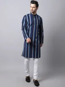 even Men Navy Blue Striped Mandarin Collar Long Sleeves Cotton Kurta