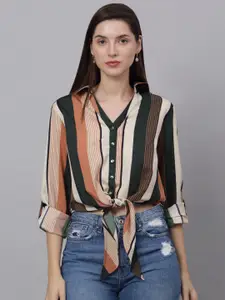 NEUDIS Cream & Brown Striped Crepe Shirt Style Top