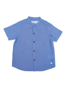 ZERO THREE Boys Blue Solid Mandarin Collar Custom Fit Cotton Casual Shirt