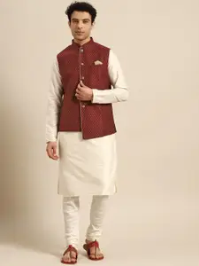 KISAH Men Cream-Coloured Solid Kurta with Churidar & Nehru Jacket