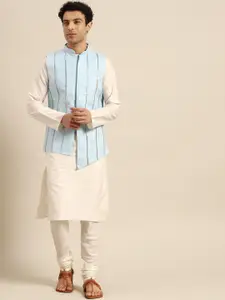 KISAH Men Off White Solid Kurta with Churidar & Nehru Jacket