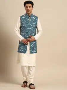 KISAH Men Off White Solid Kurta with Churidar & Nehru Jacket