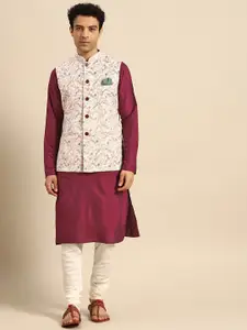 KISAH Men Maroon Kurta with Churidar & Printed Nehru Jacket