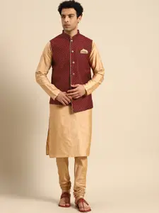 KISAH Men Maroon Woven Design Kurta Jacket Set with Churidar