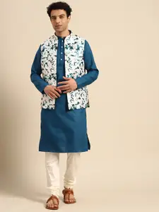 KISAH Men Blue Solid Kurta with Churidar & Nehru Jacket