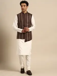 KISAH Men White Solid Kurta with Churidar & Nehru Jacket