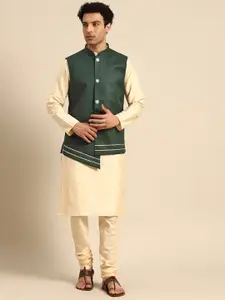 KISAH Men Cream-Coloured Solid Kurta with Churidar & Nehru Jacket
