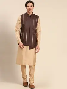 KISAH Men Beige Solid Kurta with Churidar & Nehru Jacket