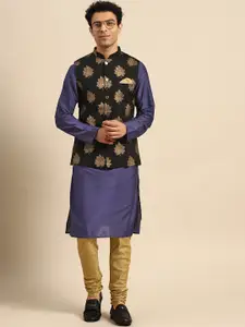 KISAH Men Navy Blue Solid Kurta with Churidar & Nehru Jacket