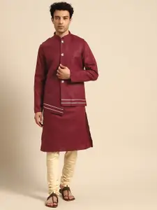 KISAH Men Maroon Zardozi Kurta Jacket Set with Churidar