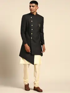 KISAH Men Black & Off White Solid Cotton Kurta Indowestern Sherwani Set