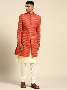 KISAH Men Printed Silk Blend Kurta Indowestern Sherwani Set