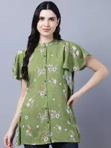 Myshka Women Green Floral Print Mandarin Collar Longline Top