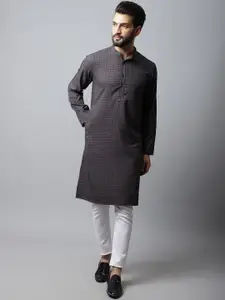 even Men Black Checked Woven Design Kurta