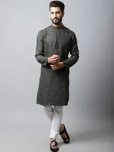 even Men Brown Checked Thread Work Kurta
