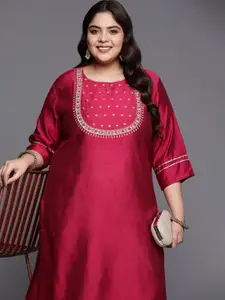 Varanga Plus Size Floral Yoke Design Thread Work Silk Kurta