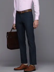 Louis Philippe Men Navy Blue Checked Slim Fit Formal Trousers