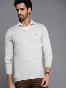 Louis Philippe Men Grey V-Neck Solid Pullover