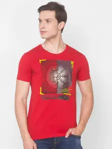 SPYKAR Men Red Printed Cotton Slim Fit T-shirt