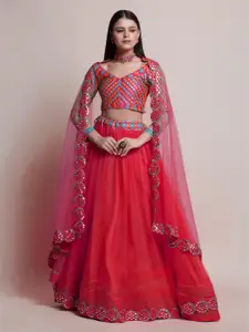 Warthy Ent Women Red Mirror Work Semi-Stitched Lehenga & Unstitched Blouse With Dupatta