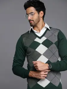 Louis Philippe Men Green & White Checked Pullover
