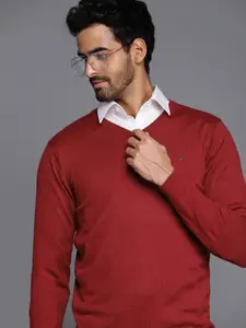 Louis Philippe Men Red Solid V-Neck Pullover