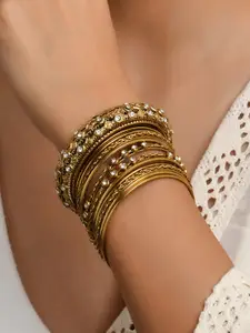Fida Gold-Plated & White Stones-Studded & Beaded Bangle Set
