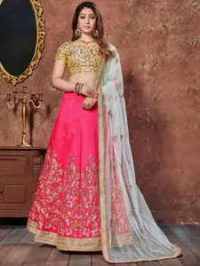 FABPIXEL Pink & Yellow Embroidered Bridal Lehenga Choli Set With Dupatta