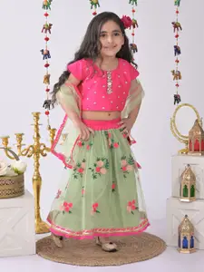Kinder Kids Girls Green & Pink Printed Ready to Wear Lehenga & Blouse With Dupatta