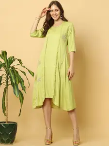 Indifusion Women Green Striped Flared Sleeves Gotta Patti Chanderi Silk Ethnic Dress