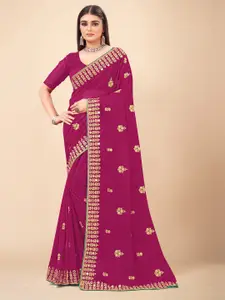 HRITIKA Magenta & Gold-Toned Floral Beads and Stones Pure Georgette Saree