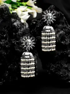Yellow Chimes Silver-Plated Whit Pearl Contemporary Jhumkas Earrings