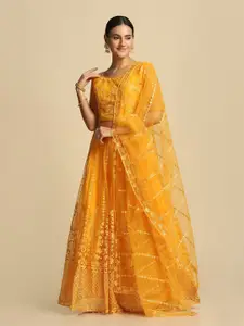 Warthy Ent Yellow Embroidered Thread Work Tie and Dye Semi-Stitched Lehenga & Unstitched Blouse With Dupatta