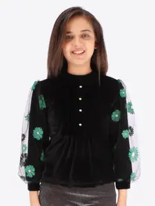 CUTECUMBER Girls Black Floral Embroidered Mandarin Collar Velvet Shirt Style Top