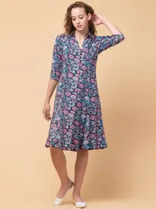 Hive91 Women Blue & Pink Floral A-Line Dress