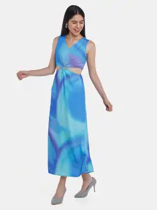 Zink London Blue Printed Fitted Maxi Dress