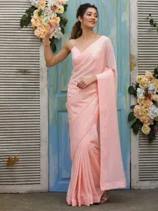 Koskii Pink & Silver-Toned Embellished Sequined Saree