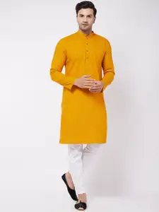 VASTRAMAY Men Mustard Yellow Embroidered Empire Kurta with Pyjamas