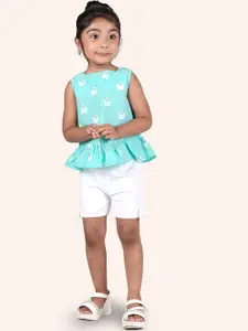 Zalio Girls Turquoise Blue & White Printed Pure Cotton Top with Shorts