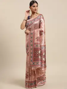 VISHNU WEAVES Peach-Coloured Ethnic Motifs Silk Cotton Tussar Saree