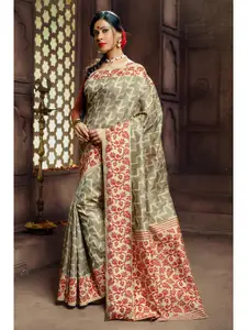 KARAGIRI Grey And Maroon Woven Design Zari Banarasi Saree