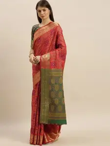 MS RETAIL Red & Green Ethnic Motifs Zari Silk Blend Patola Saree